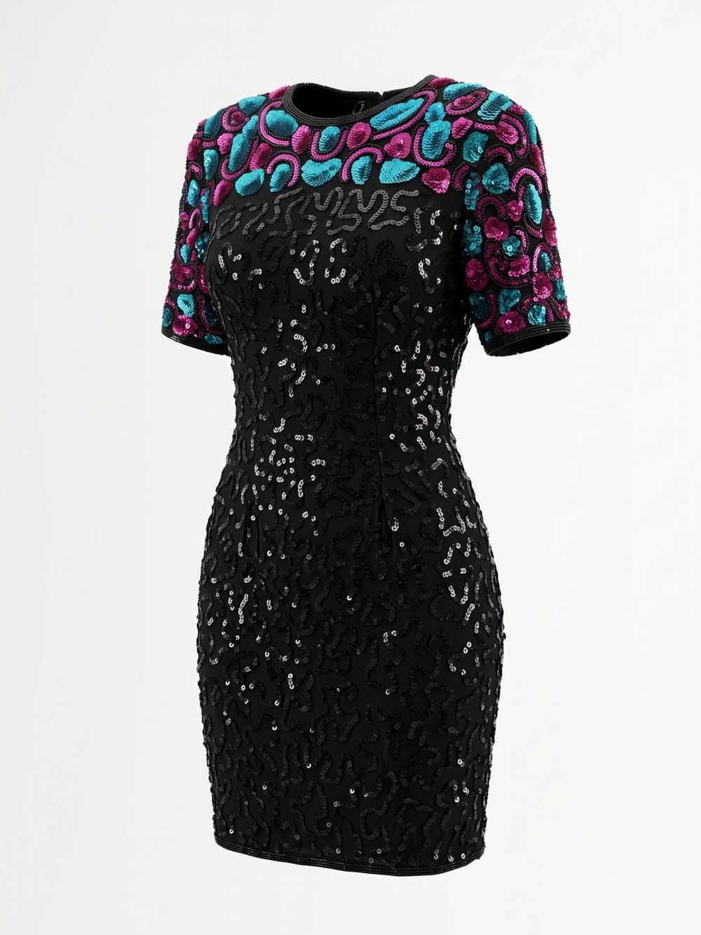 Vintage Stenay Sequins Beaded Dress Silk Black Magenta Turquoise Women’s 8